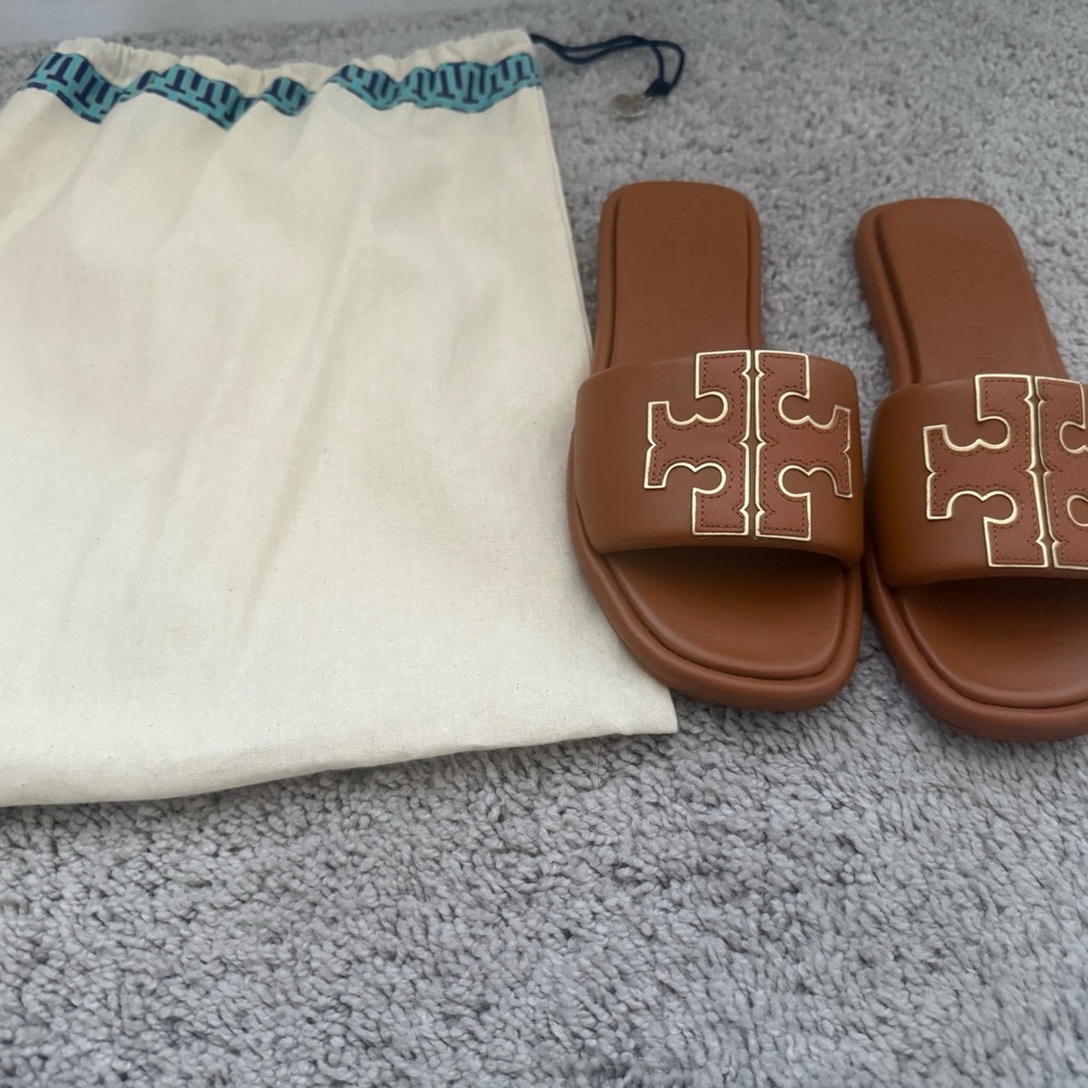 Tory Burch Tan Slide Sandals with Logo